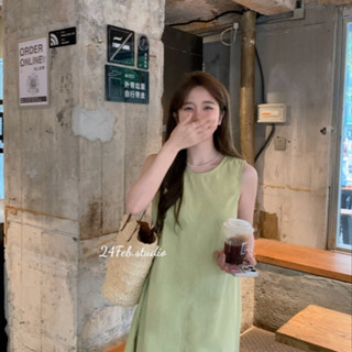 Váy xuông sát nách cổ tròn xanh bơ phong cách vintage Hàn Quốc 24Febstudio VN63