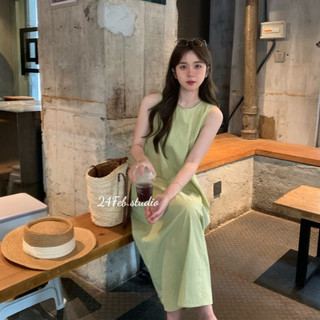 Váy xuông sát nách cổ tròn xanh bơ phong cách Vintage Hàn Quốc