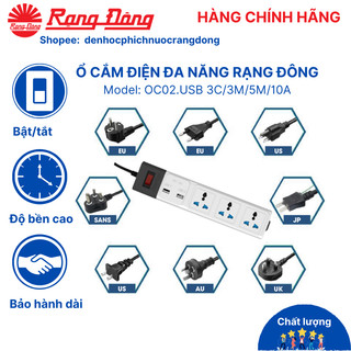 Ổ cắm điện đa năng rạng đông, tích hợp 02 cổng sạc usb dây dài 3m, 5m oc02.usb 3c/3m/10a