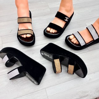 Dép đế xuồng nhung nữ cao 7cm hai quai