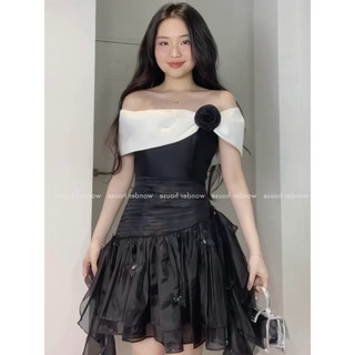 Wonderhouse Suri Dress Đầm trễ vai phối trắng xếp ly dự tiệc dạo phố nữ tính