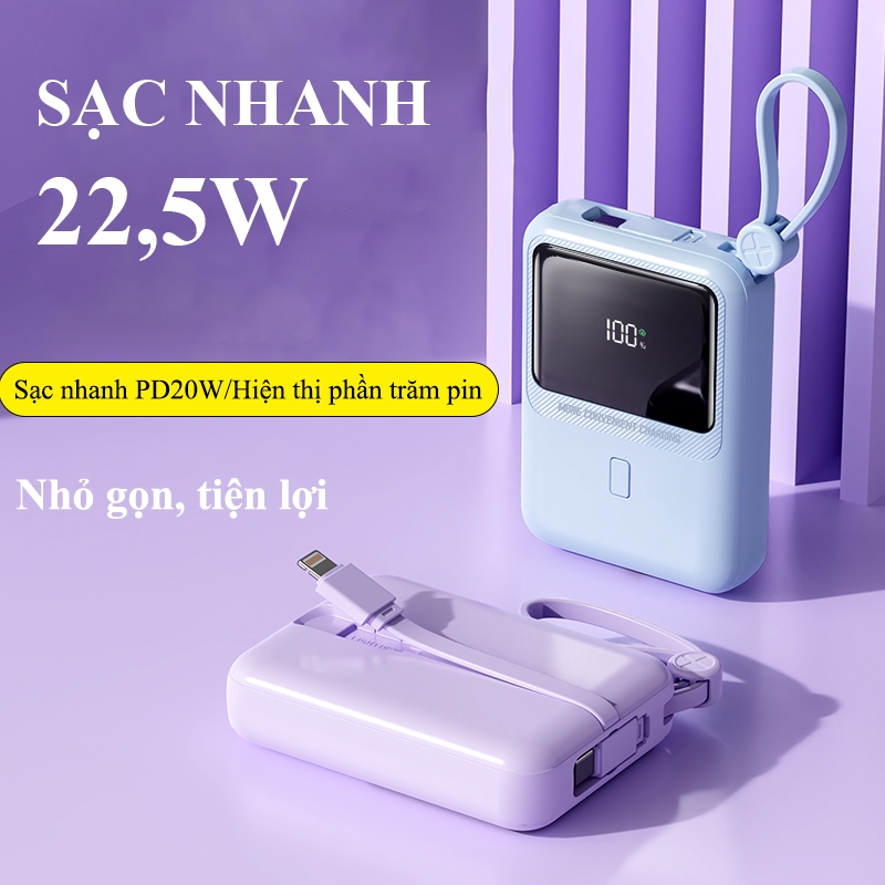 Sạc dự phòng 10000mAh sạc nhanh 22,5W mini cầm tay  tích hợp 2 dây sạc phù hợp với Iphone Samsung Oppo PD01S
