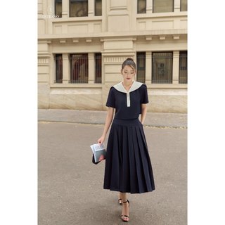 Set áo crop top mina top x chân váy xếp ly dài lona skirt màu xanh navy trẻ trung thanh lịch - by estrano
