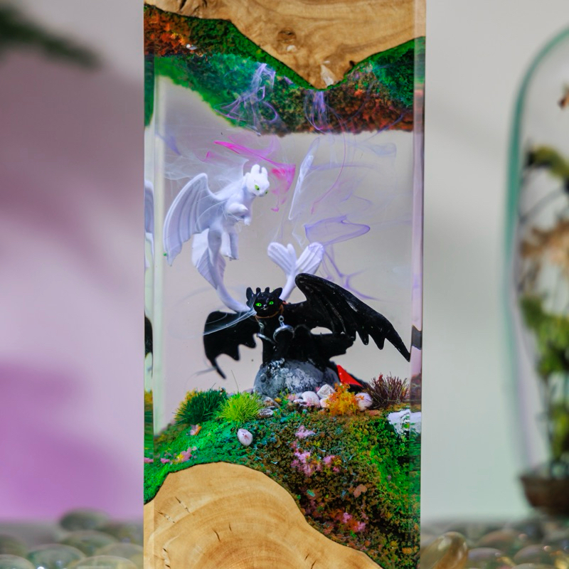 Đèn gỗ resin epoxy Dragon Toothless & Light Fury.Lamp wood resin epoxy custom night light handmade