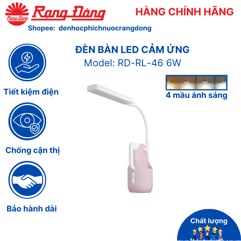 Đèn học Rạng Đông, đèn bàn học led chống cận, cảm ứng, để bàn học, làm việc Model: RD-RL-46 6W