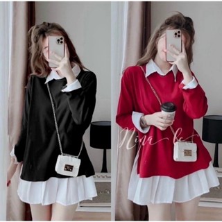 Set Váy Sơ Mi Nữ Màu Trắng Phối Xếp Ly Kèm Áo Len Gân Đỏ Tay Dài Xẻ Tà Hai Bên ,Set Đồ Nữ Đi Chơi Tết