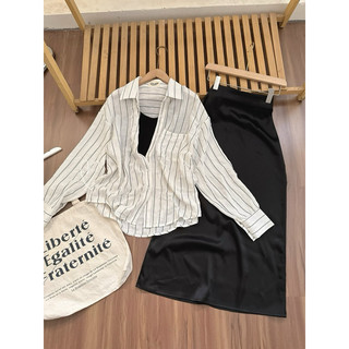 SET SƠ MI SỌC TRẮNG ÁO 2D+ CHÂN VÁY LỤA ĐEN
