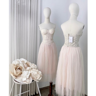Set đồ nữ sang chảnh tiểu thư áo ren cúp ngực corset phối chân váy dáng dài màu hồng pastel thiết kế dự tiệc LEVAN