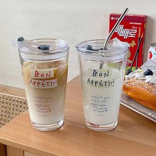 Ly thuỷ tinh cốc thủy tinh uống trà, cà phê, sinh tố cao cấp họa tiết thỏ -  Có ống hút và nắp đi kèm - Daisy.decor