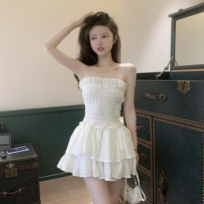 Váy Ren Nhún Cúp Ngực Dáng Xoè Phối Xếp Tầng Phong Cách Quyến Rũ (S136)