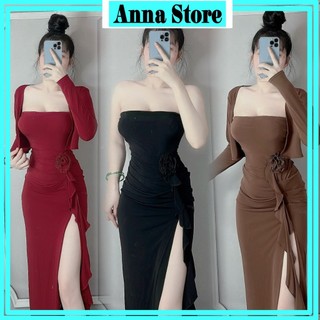 Sét đầm ống cúp ngực ,2dây ôm body xẻ tà kèm áo khoác trơn cực xinh,chất thun gân,thun lạnh dày dặn hàng đẹp M1476