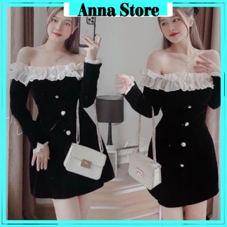 Đầm ngắn bẹt vai tay dài chất nhung mềm mịn M817