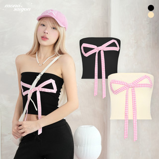 Áo ống nữ thun cotton nhung phối nơ moná - bowty top