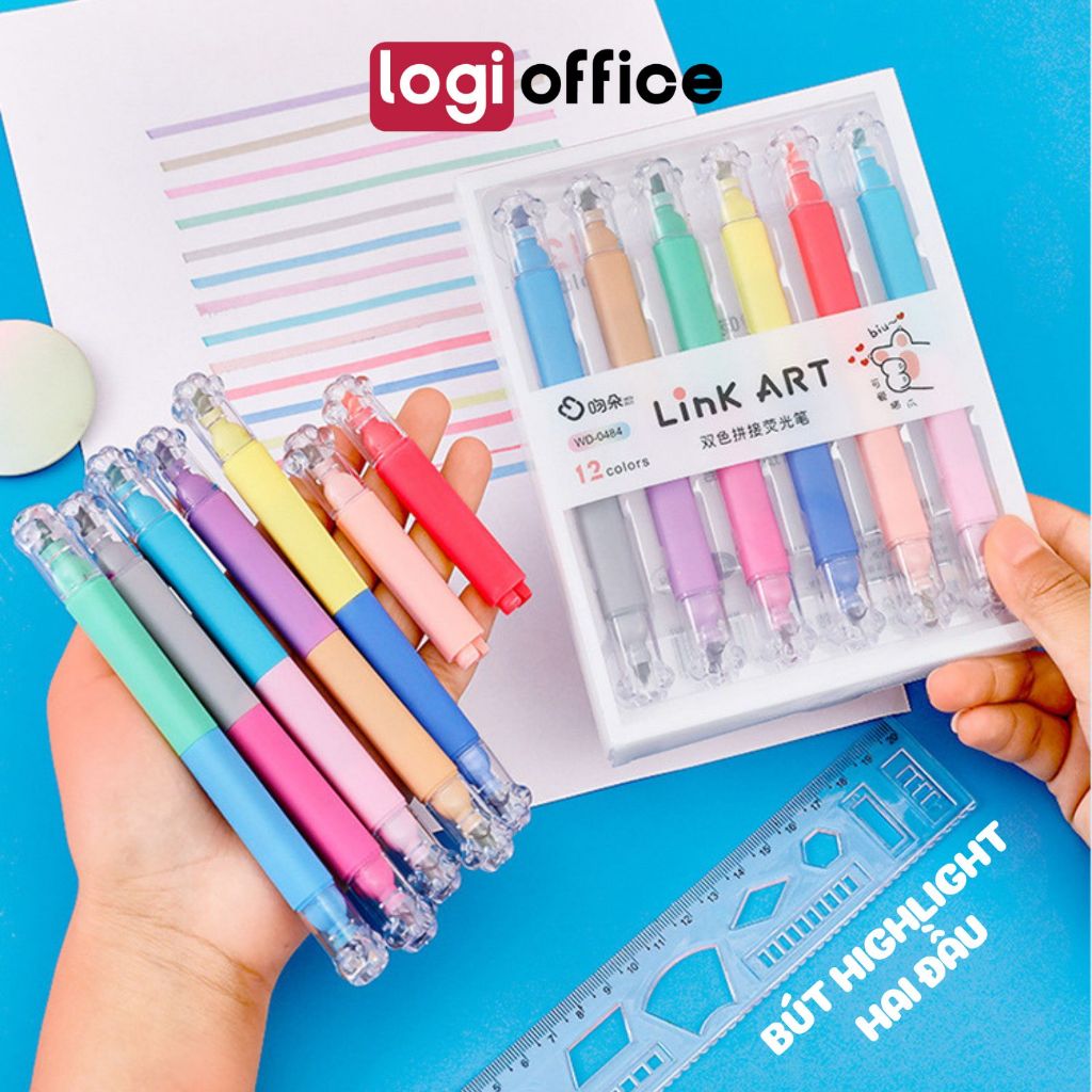 Bút đánh dấu highlight LOGi hai đầu hình chân mèo, bộ bút12 màu, set bút highlight, highlight maker,
