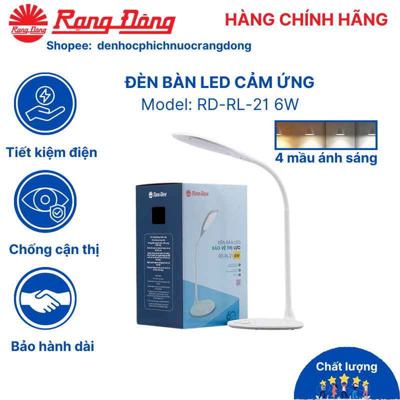 Đèn học Rạng Đông, đèn bàn học, làm việc chống cận, cảm ứng, để bàn bảo vệ mắt Model: RD-RL-21 6W