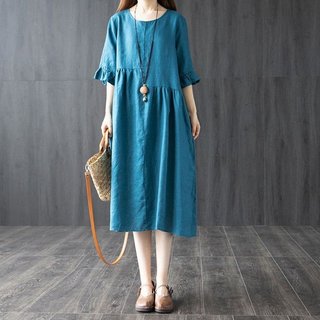 Váy đầm trung niên dáng suông form rộng mặc ở nhà - mặc đi ngủ - chất linen thoáng mát da165