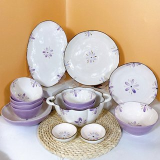 Bộ bát đĩa sứ hoa tím decor cao cấp sang trọng GOSUMI HT001
