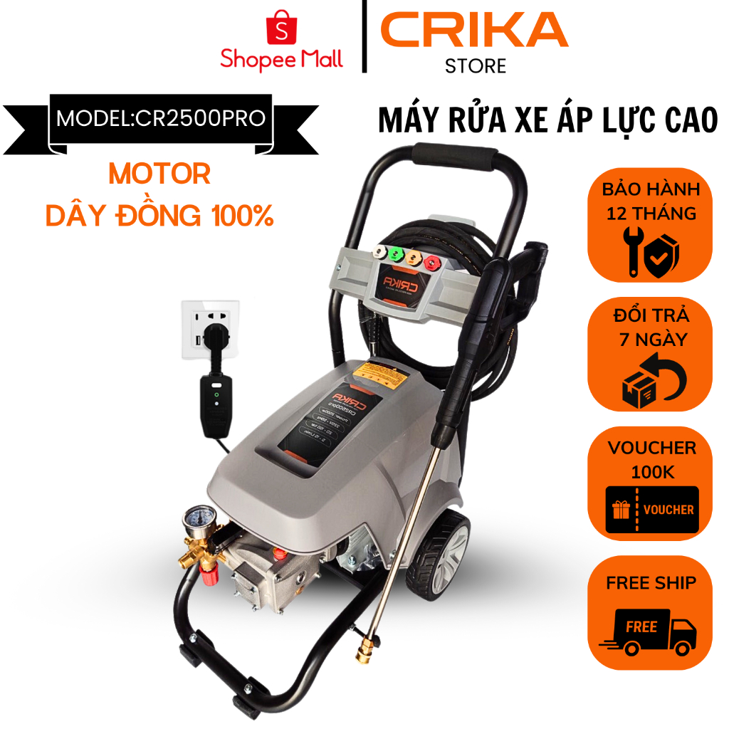 Máy rửa xe cao áp công nghiệp CRIKA2500PRO chuyên dùng tiệm rửa xe, lõi Đồng 100%,động cơ quay chậm