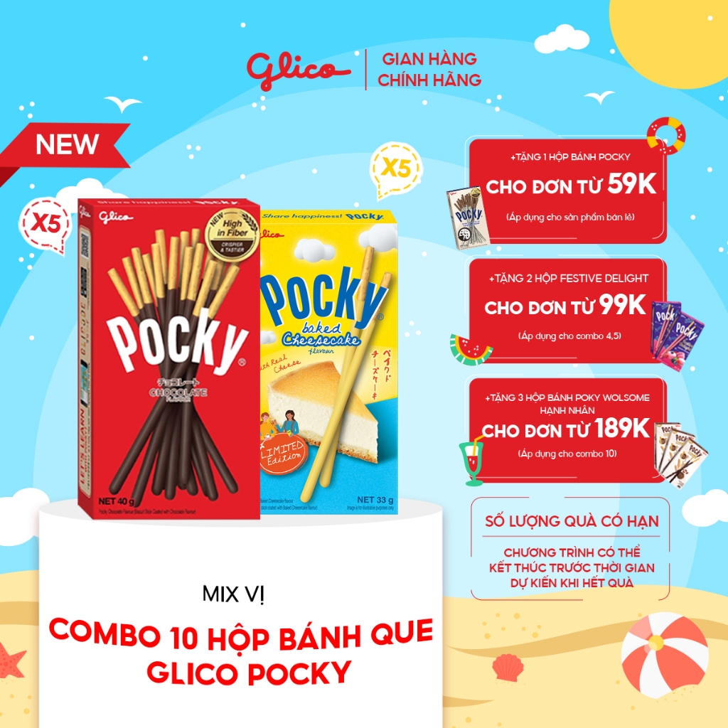 Combo 10 hộp Bánh que Glico Pocky Mix Vị (5 Phô Mai + 5 Chocolate)