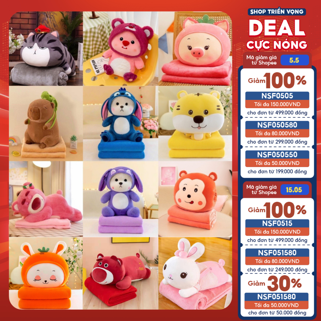 Bộ chăn gối văn phòng, gấu bông kèm mền 2 trong 1 (gối, chăn), 3 trong 1 (gối, chăn, ủ tay) siêu tiệ