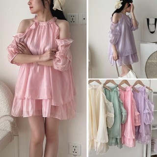 Váy tơ cổ yếm babydoll 2 tầng khoét vai xòe, đầm xòe khoét vai xếp tầng tơ tay bồng LACO199