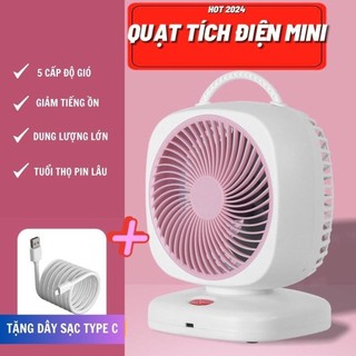 Quạt mini để bàn, quạt tích điện cầm tay Tích Điện 5 cấp độ gió cao cấp,Quạt Để Bàn Tai Mèo Có 3 Chế Độ -Quạt Tích Điện