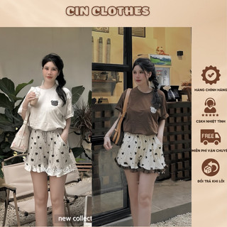 Set đồ nữ áo thun cotton in hoạ tiết gấu bé mix quần sooc tăm gấu viền bèo siêu xinh - có sẵn