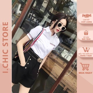 Áo sơ mi nữ trắng cổ đức dáng ôm công sở phối kẻ tay bo dáng basic dễ phối đồ a034 ichic