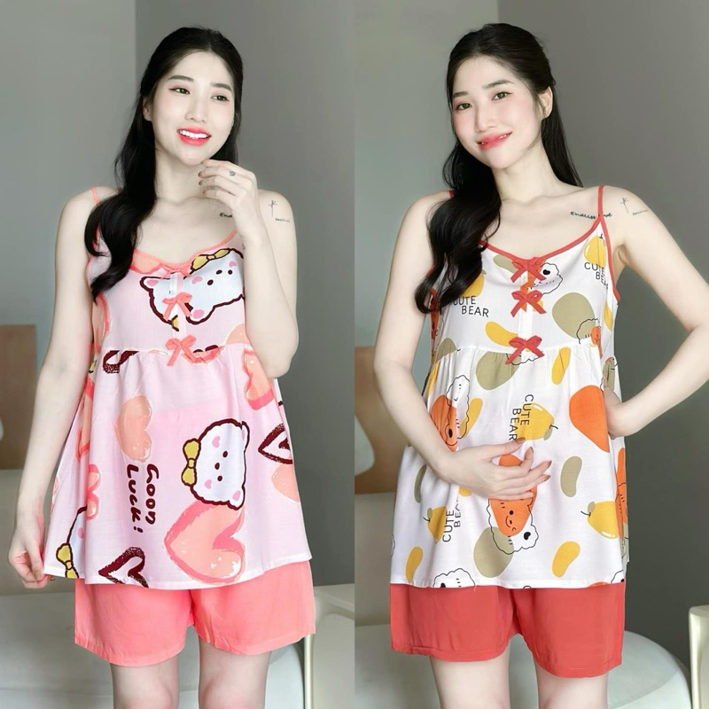 EVERMOM l Đồ bộ bầu ĐÙI 2 DÂY PHỐI đính nơ mặc cả bầu và sau sinh