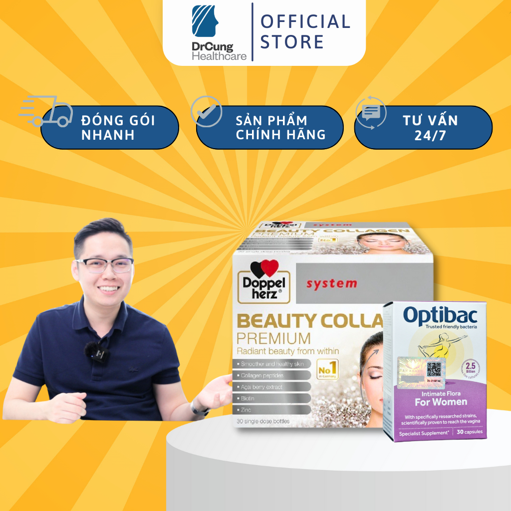 Bác Sĩ Cung Bộ Đôi Beauty Collagen Premium, Optibac 30V - Bổ Sung Collagen, Đẹp Da, Chống Lão Hóa, Tăng Cường Lợi Khuẩn