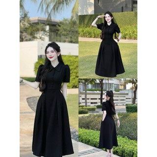 Đầm  tuyết mưa mịn cổ lá bèo sơ mi đính nút bọc tay ngắn váy xoè công sở maxi màu đen
