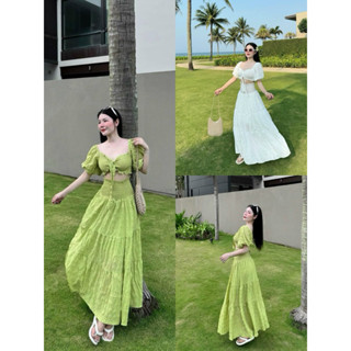 Sét váy mùa hè đi biển thời trang nữ sexy chất xốp nhúng cao cấp y hình áo tay phồng cột nơ ngực chân váy xoè mocking