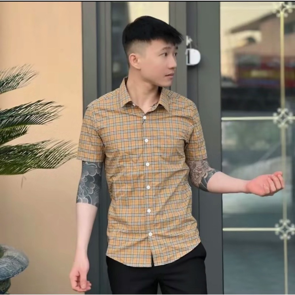Áo sơ mi nam tay ngắn BBR boy phố phối caro vải cotton lạnh dày dặn mặc mát áo cổ thuyền nam