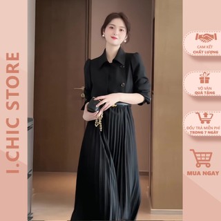 Váy Liền Dập Ly Tay Dài Chất Trượt Phong Cách Sang Chảnh Công Sở Kèm Đai Như Ảnh Nâu V016 ICHIC