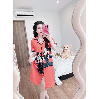  Váy ngủ - Đầm nữ- Váy Sơ mi lụa xước in 5D hoạ tiết dễ thương