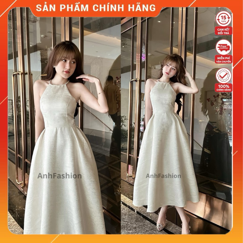 Đầm dự tiệc dáng dài đính đá cổ sang chảnh, Váy dự tiệc cổ yếm đính đá ANH FASHION