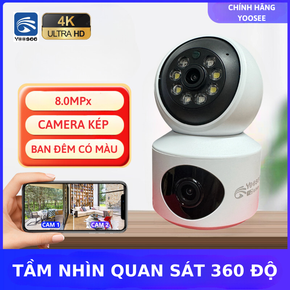 Camera Yoosee 2 Mắt trong nhà Xem 2 Màn Hình Cùng Lúc Xoay 360 Độ, Xem Đêm Có Màu, Hỗ Trợ Đàm Thoại 2 Chiều