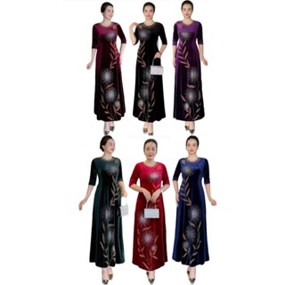 Đầm dạ hội trung niên đi tiệc vải nhung họa tiết hoa lá ép đá bigsize 75kg, Đầm dạ hội nhung trung niên đi tiệc 75kg