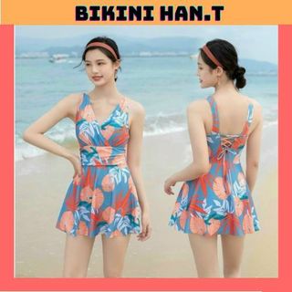 Đồ bơi nữ bikini liền thân, váy xòe họa tiết hoa2 màu bikini han.t shop