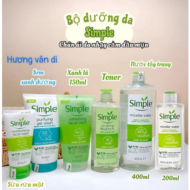 Sữa rửa mặt Simple 150ml, Tẩy trang simple 200ml, Nước hoa hồng simple 200ml (mẫu mới)