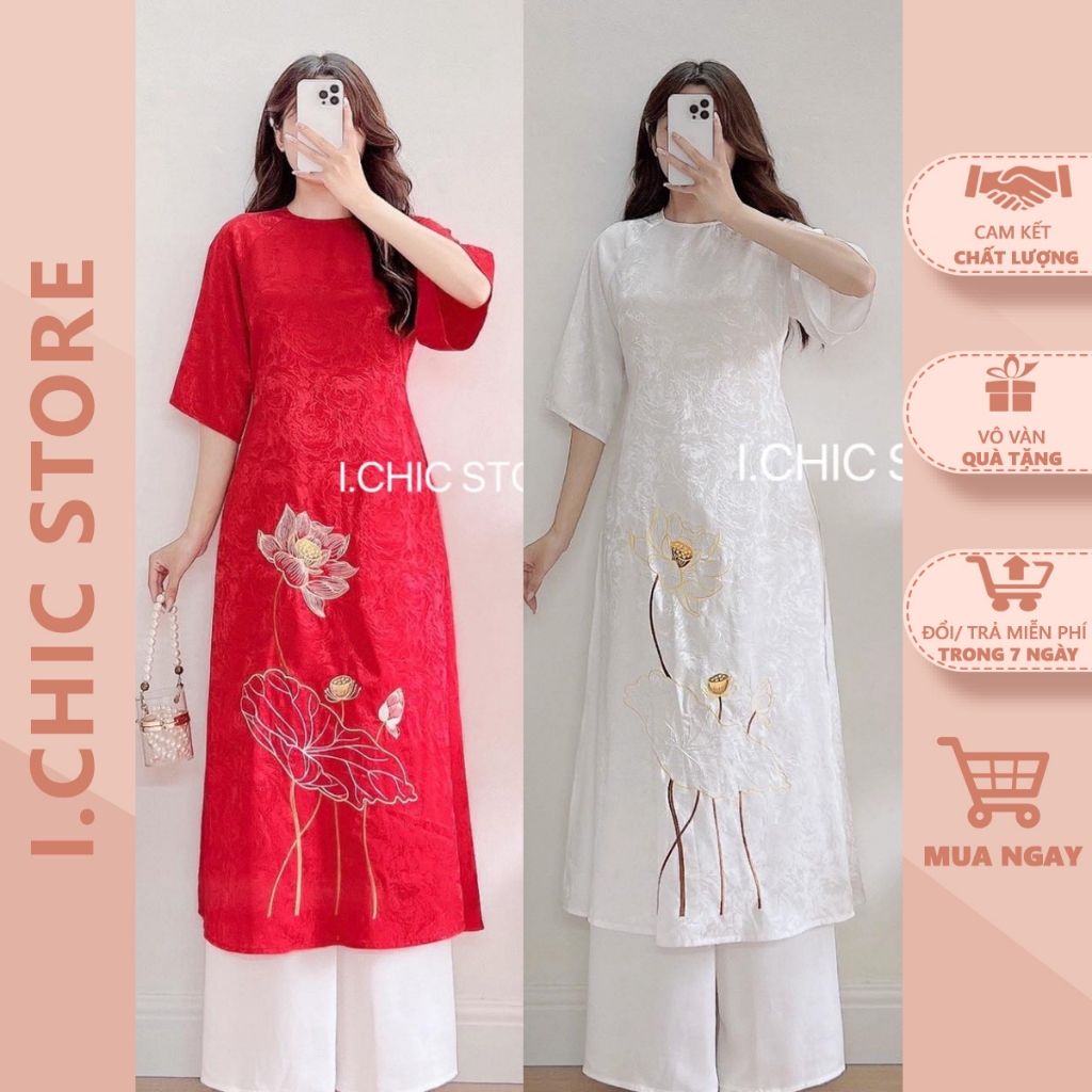 Áo Dài Cách Tân Cổ Tròn 3 Màu Trắng Đỏ Vàng Lụa Gấm Thêu Hoa Sen 2 Tà Duyên Dáng ICHIC
