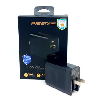 Cốc sạc pisen 2 port usb + type-c 18w, travel - màu đen - hàng chính hãng