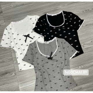 Áo nơ chất tăm cách điệu cộc tay phối nơ hottrend, áo tăm tay cộc cách điệu nơ xinh sắn