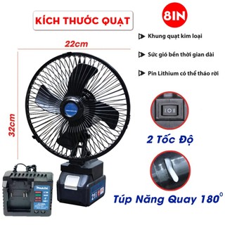 Quạt Pin 8 inch Quạt Tích Điện 2 Tốc Độ Gió, Có Túc Năng Xoay Đảo Chiều 90 độ Sử Dụng Chân Pin Phổ Thông 4cm