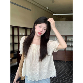 Áo sơ mi cộc tay ren boy hàn quốc, áo sơ mi cộc babydoll thô boy tay bo chun - SHOP THƠM PHẠM