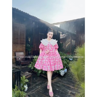 Váy bầu hoa nhí đầm bầu dáng suông họa tiết có cổ siêu xinh