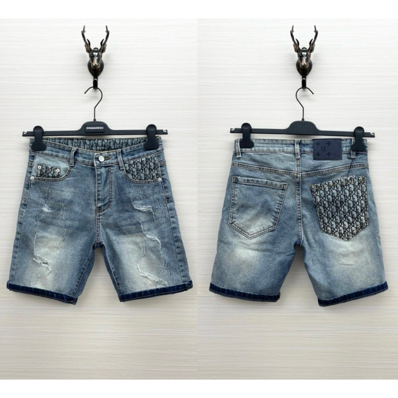 Quần cộc short bò CD wash rách xước in túi vân chữ monogram cao cấp