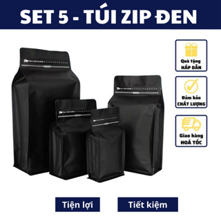 [SET 5 cái] Túi Zip đen bao bì đựng cà phê đựng trà có van 1 chiều túi 4 cạnh đóng gói thực phẩm