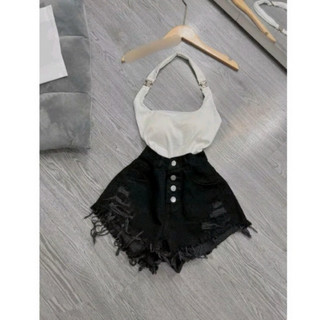 (MÃ: Q4N01) Quần short jean nữ lung cao rách đùi phối nút