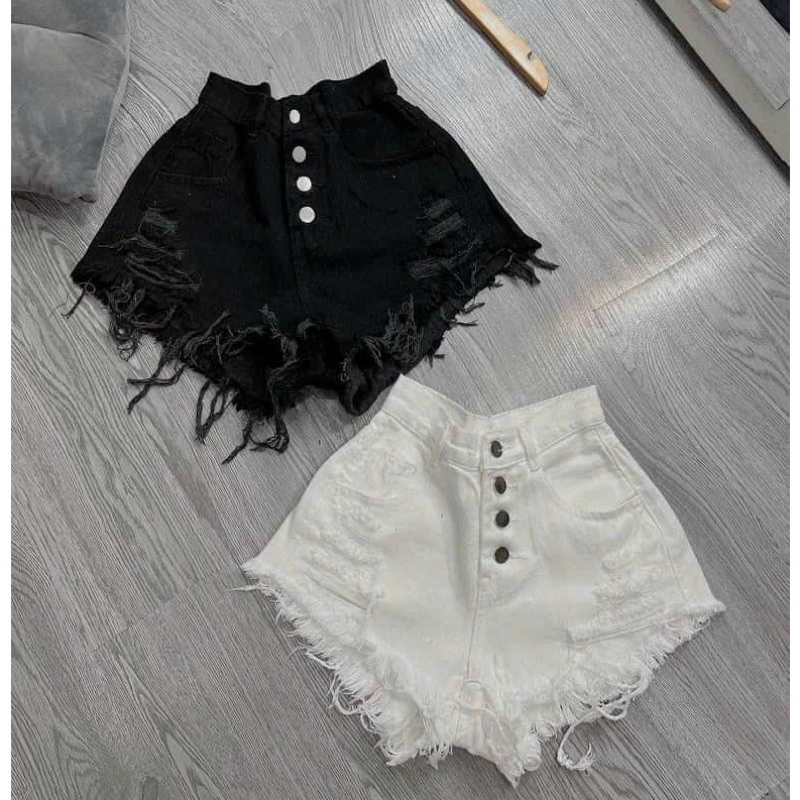   Q 4 nut  Quần short jean nữ lung cao rách đùi phối nút 